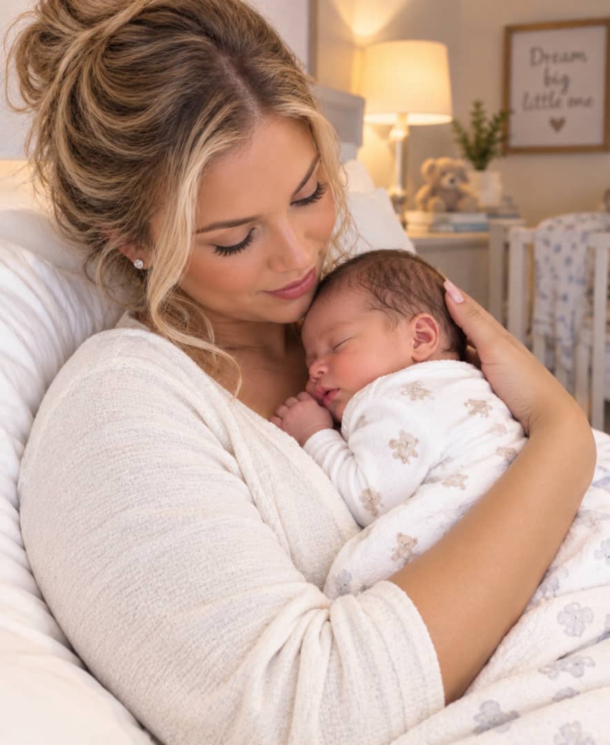 Mother holding her sleeping newborn baby at home